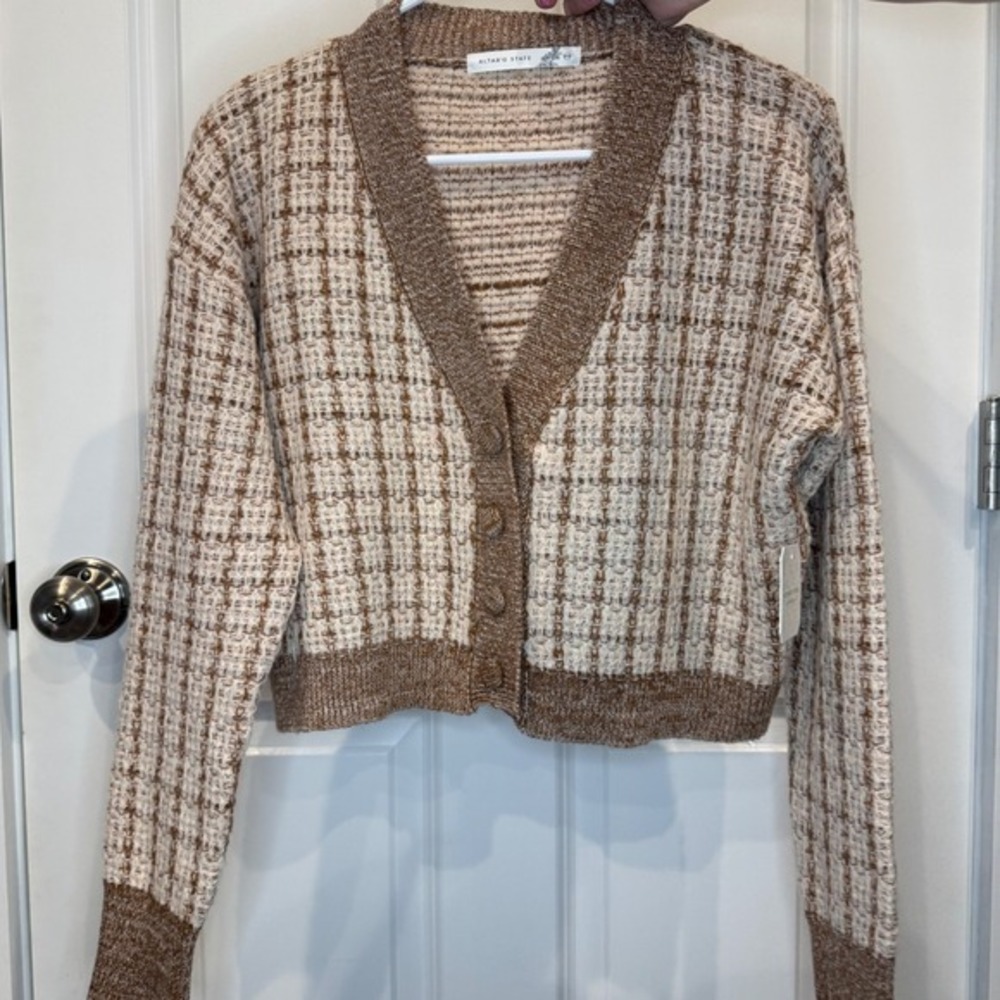Altar'd State Brown Plaid Cropped Cardigan Sweater Size XXS Button Front V-Neck - Picture 7 of 7